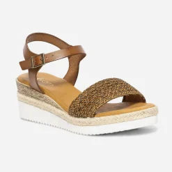 Eram Sandales|Espadrilles^Sandale en cuir éco-conçu avec bride tressée COGNAC
