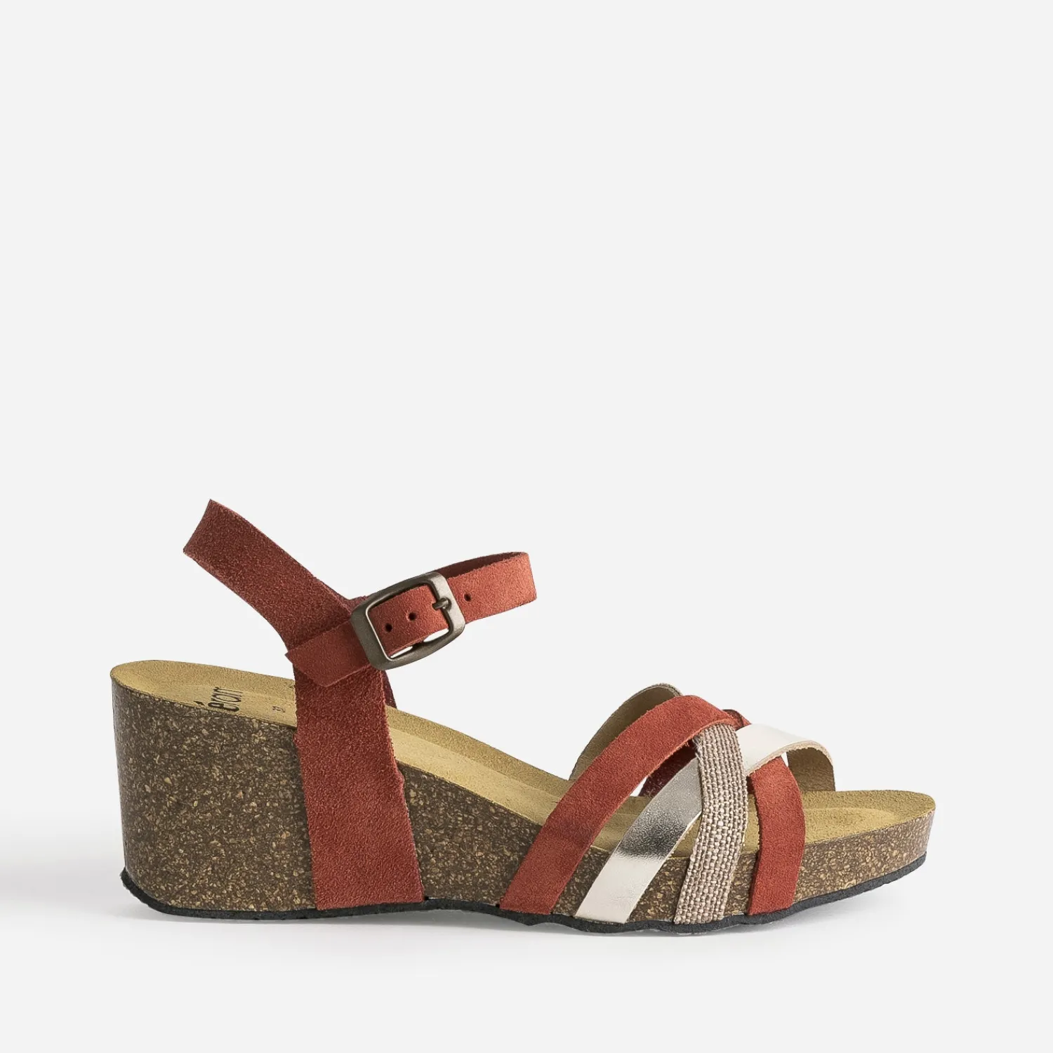 Eram Sandales^Sandale compensée anatomique cuir velours éco-conçu ROUGE