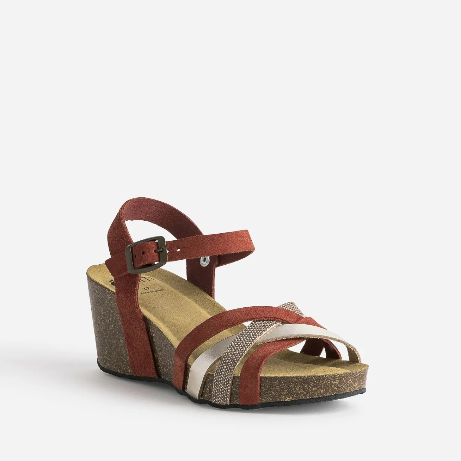 Eram Sandales^Sandale compensée anatomique cuir velours éco-conçu ROUGE