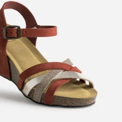 Eram Sandales^Sandale compensée anatomique cuir velours éco-conçu ROUGE