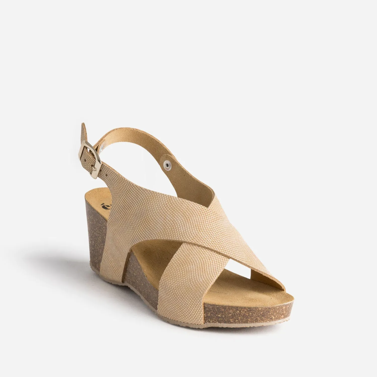 Eram Sandales^Sandale compensée anatomique beige dé en cuir embossé OR
