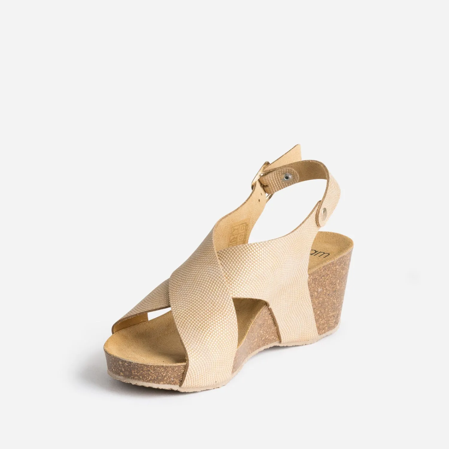 Eram Sandales^Sandale compensée anatomique beige dé en cuir embossé OR