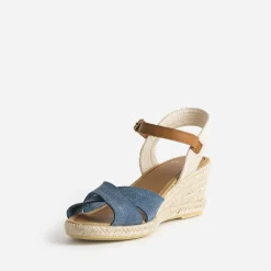 Eram Sandales^Sandale compensée cuir velours éco-conçu BLEU