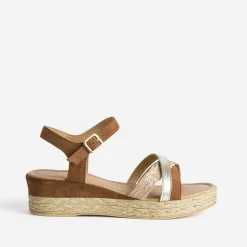 Eram Sandales^Sandale compensée en cuir velours CAMEL