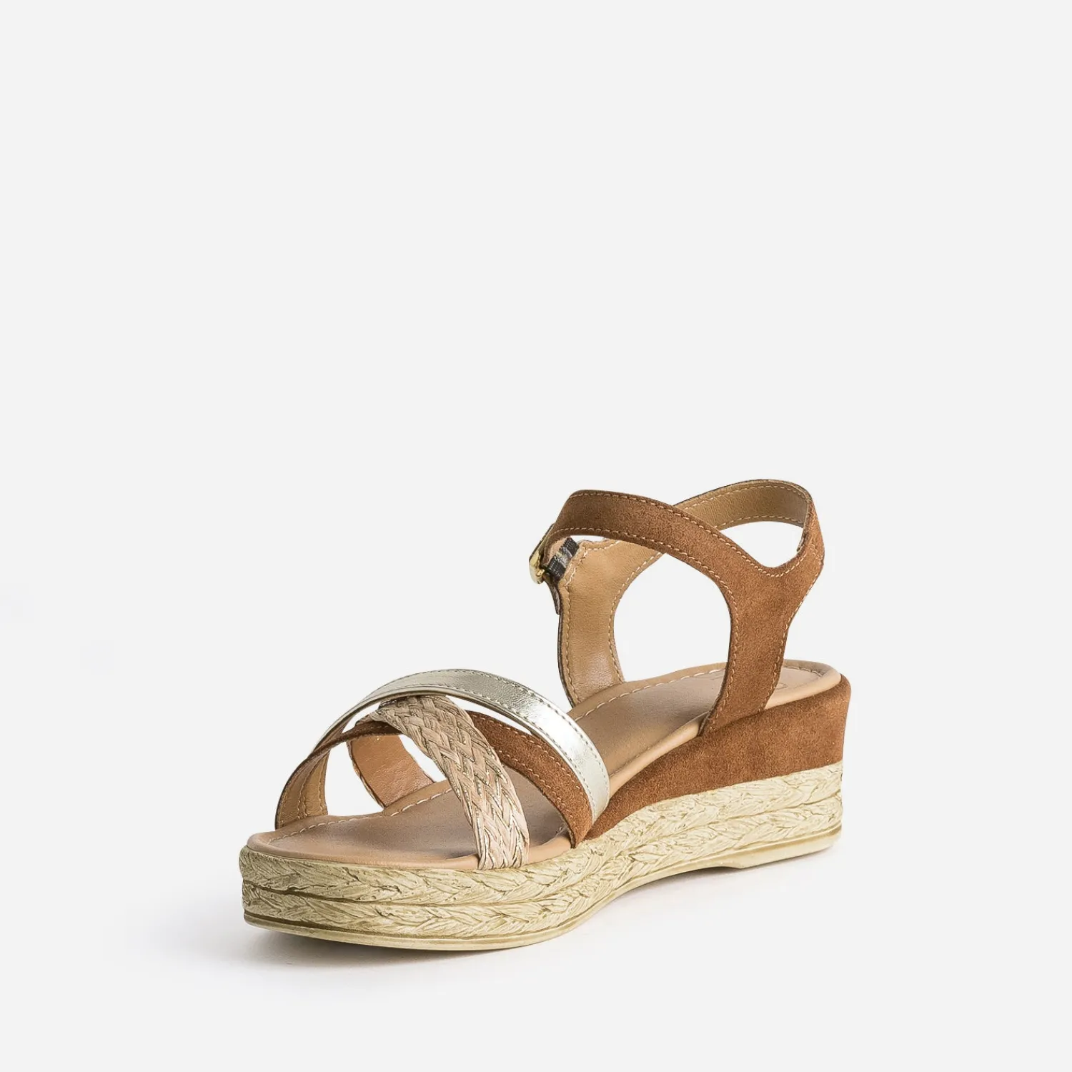 Eram Sandales^Sandale compensée en cuir velours CAMEL