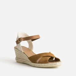 Eram Sandales^Sandale compensée en cuir velours éco-conçu CAMEL