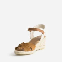 Eram Sandales^Sandale compensée en cuir velours éco-conçu CAMEL