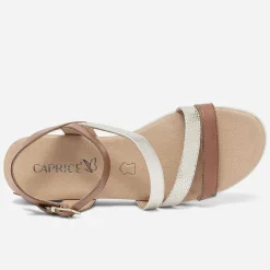 Caprice Sandales^Sandale compensée et or en cuir COGNAC
