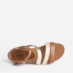 Caprice Sandales^Sandale compensée camel et doré en cuir MARRON