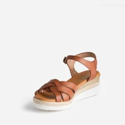 Eram Sandales^Sandale compensée cognac éco-conçue en cuir CAMEL
