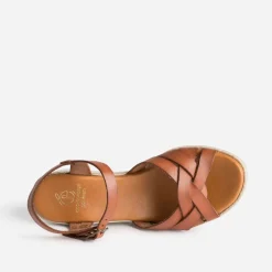 Eram Sandales^Sandale compensée cognac éco-conçue en cuir CAMEL