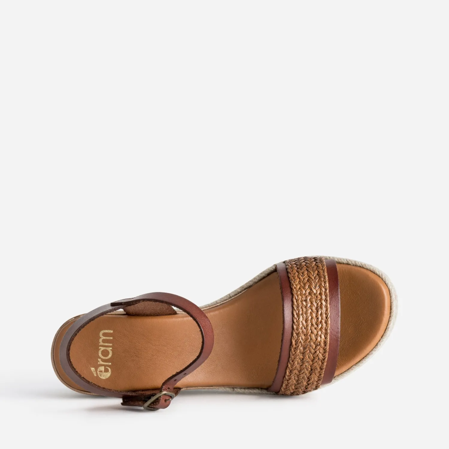 Eram Sandales^Sandale compensée cuir et tressage COGNAC