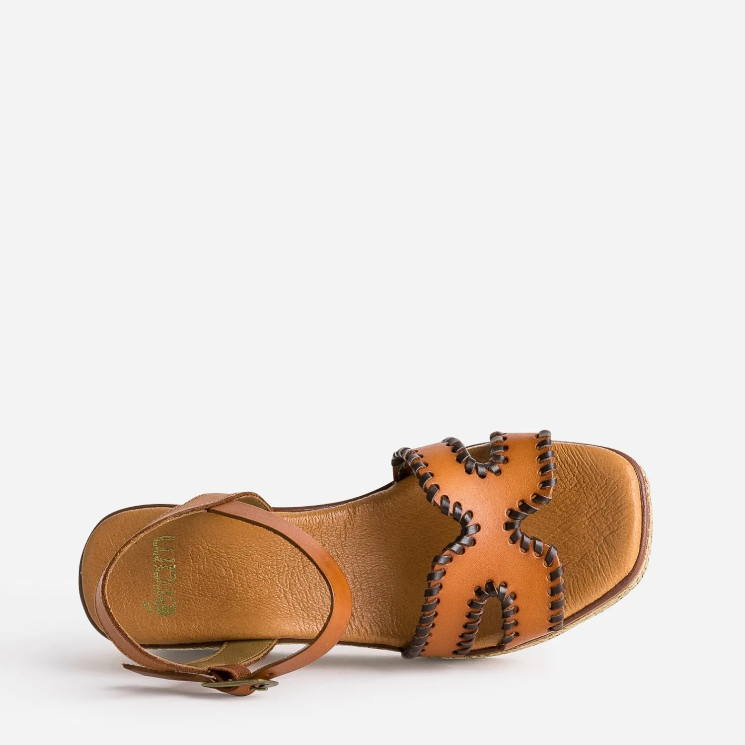 Eram Espadrilles|Sandales^Sandale compensée cuir tressé marron COGNAC