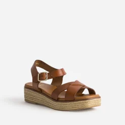 Eram Sandales^Sandale compensée en cuir éco-conçu COGNAC