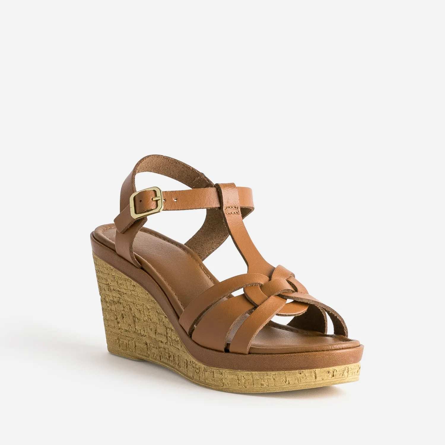 Eram Sandales^Sandale compensée en cuir COGNAC