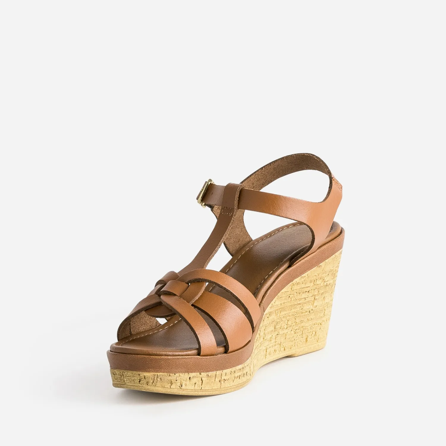 Eram Sandales^Sandale compensée en cuir COGNAC