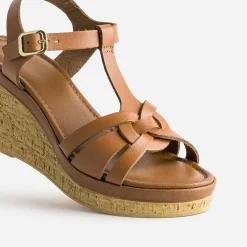 Eram Sandales^Sandale compensée en cuir COGNAC