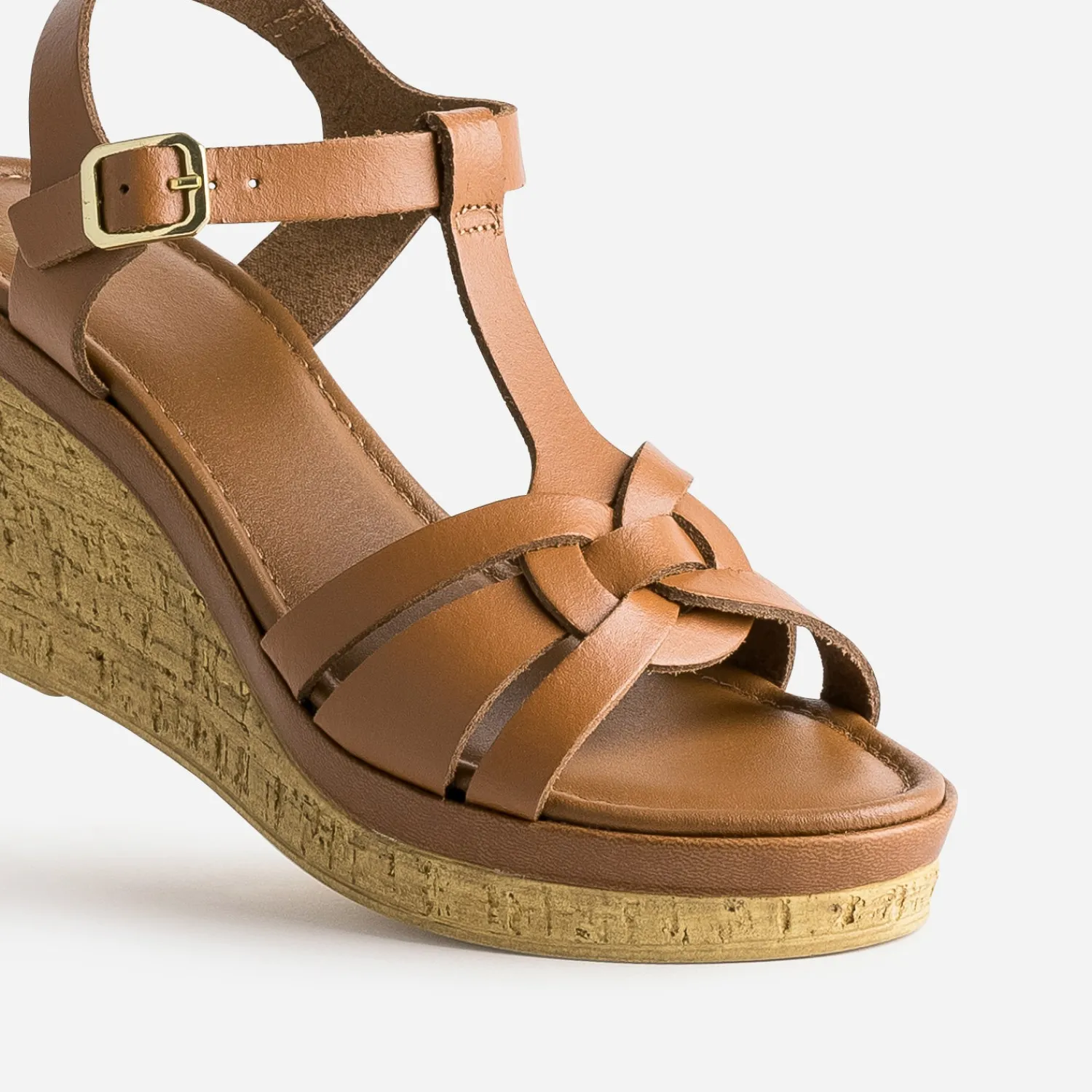 Eram Sandales^Sandale compensée en cuir COGNAC