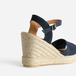 Eram Sandales^Sandale compensée marine en cuir velours éco-conçu ROSE