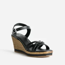 Eram Sandales^Sandale compensée e en cuir NOIR