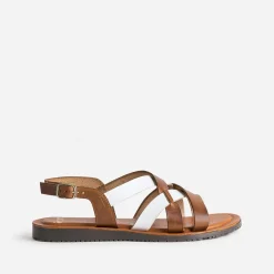 Eram Sandales^Sandale marron et blanche en cuir à brides croisées CAMEL
