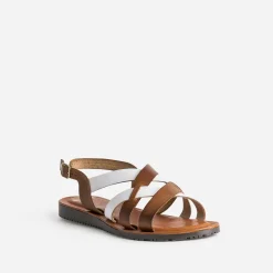Eram Sandales^Sandale marron et blanche en cuir à brides croisées CAMEL