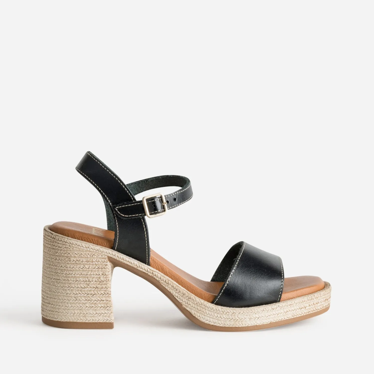 Eram Sandales^Sandale e cuir talon effet corde NOIR