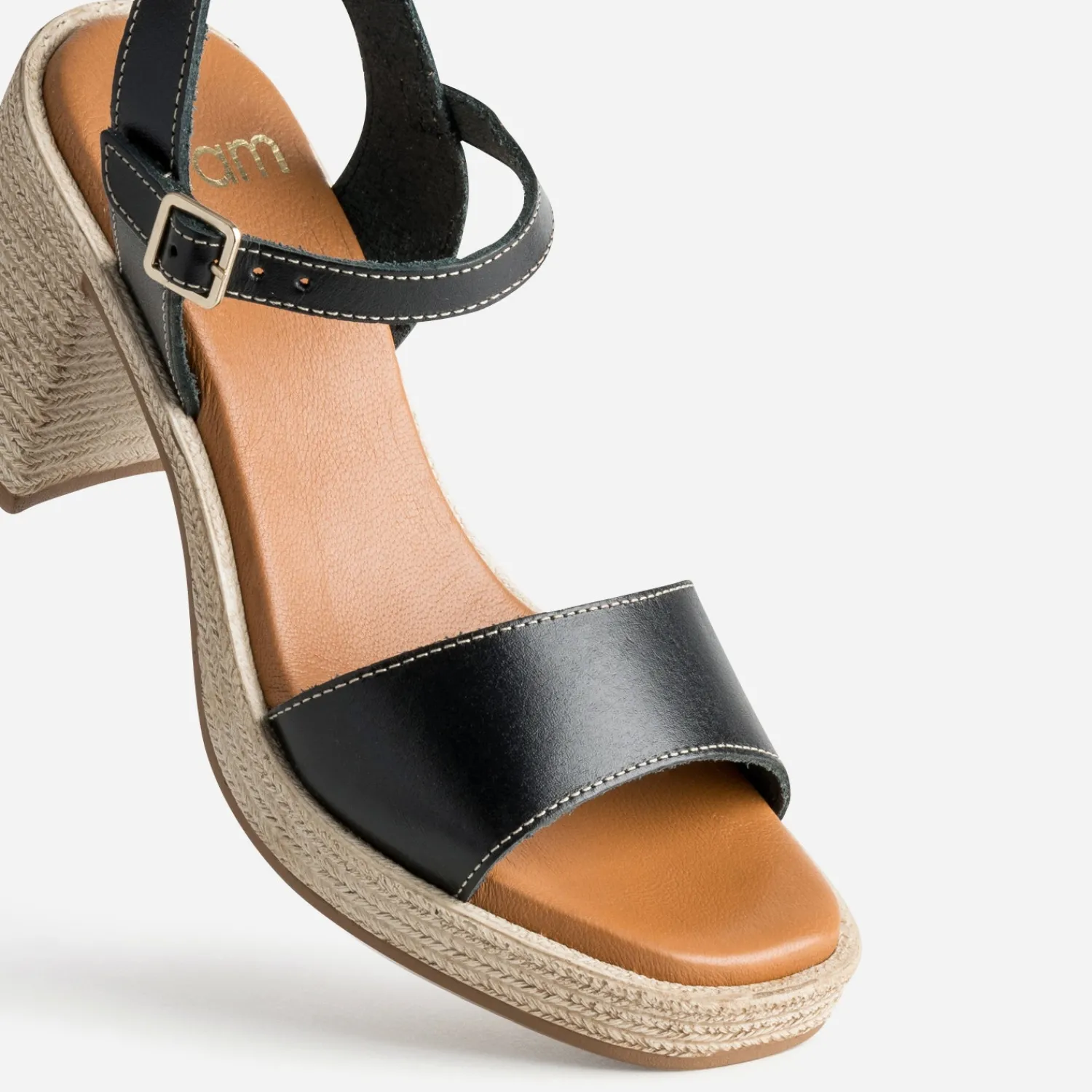 Eram Sandales^Sandale e cuir talon effet corde NOIR