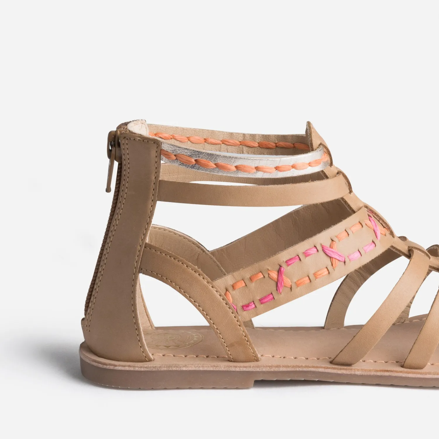 Buggy Sandales^Sandale spartiate beige en cuir broderies raphia CAMEL