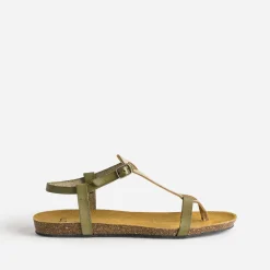 Eram Sandales^Sandale-tong anatomique et doré en cuir KAKI