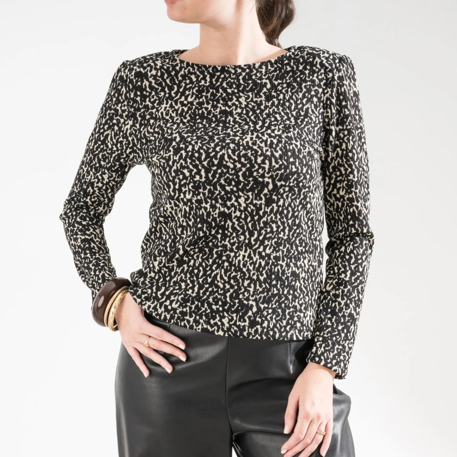 Texto Pulls^Tee-shirt imprimé animalier à épaulettes NOIR