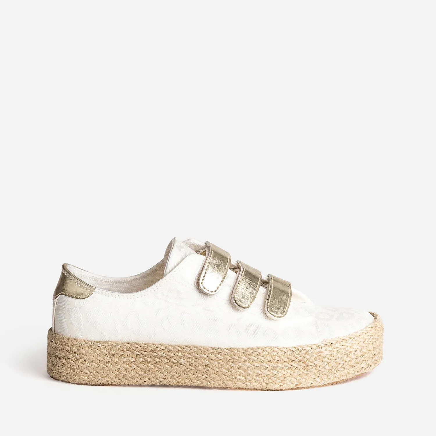 Eram Baskets^Tennis beige toile jacquard léopard scratchs dorés ECRU
