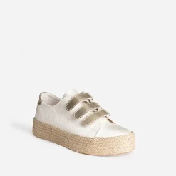 Eram Baskets^Tennis beige toile jacquard léopard scratchs dorés ECRU