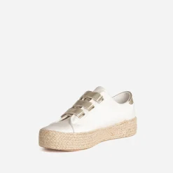 Eram Baskets^Tennis beige toile jacquard léopard scratchs dorés ECRU