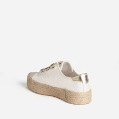 Eram Baskets^Tennis beige toile jacquard léopard scratchs dorés ECRU