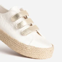 Eram Baskets^Tennis beige toile jacquard léopard scratchs dorés ECRU
