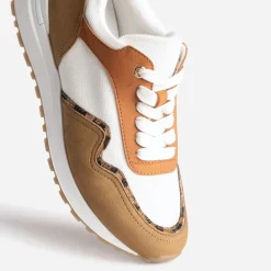Eram Baskets^Tennis blanche, marron et cognac semelle amovible IMPRIME