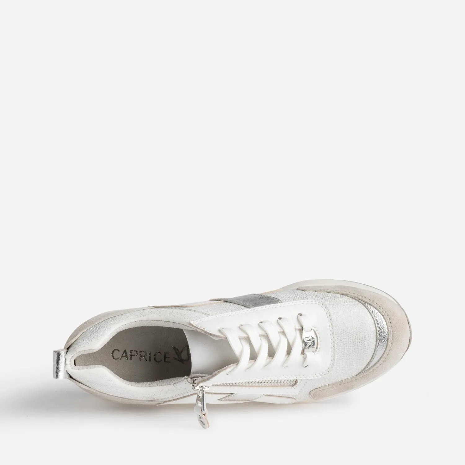 Caprice Baskets^Tennis blanche, grise et ARGENT