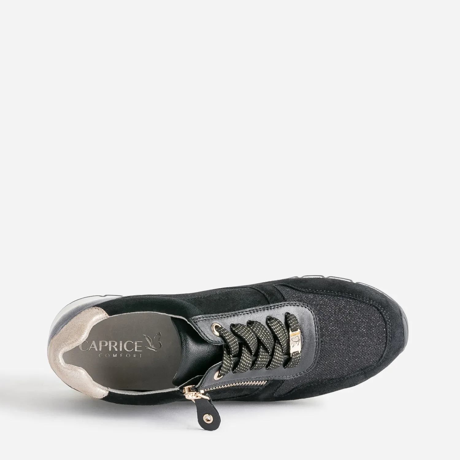 Caprice Baskets^Tennis e en cuir et textile pailleté NOIR