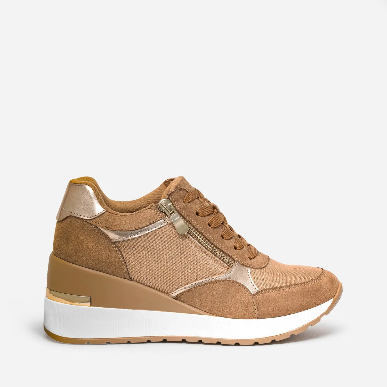 Eram Baskets^Tennis compensée détails dorés CAMEL