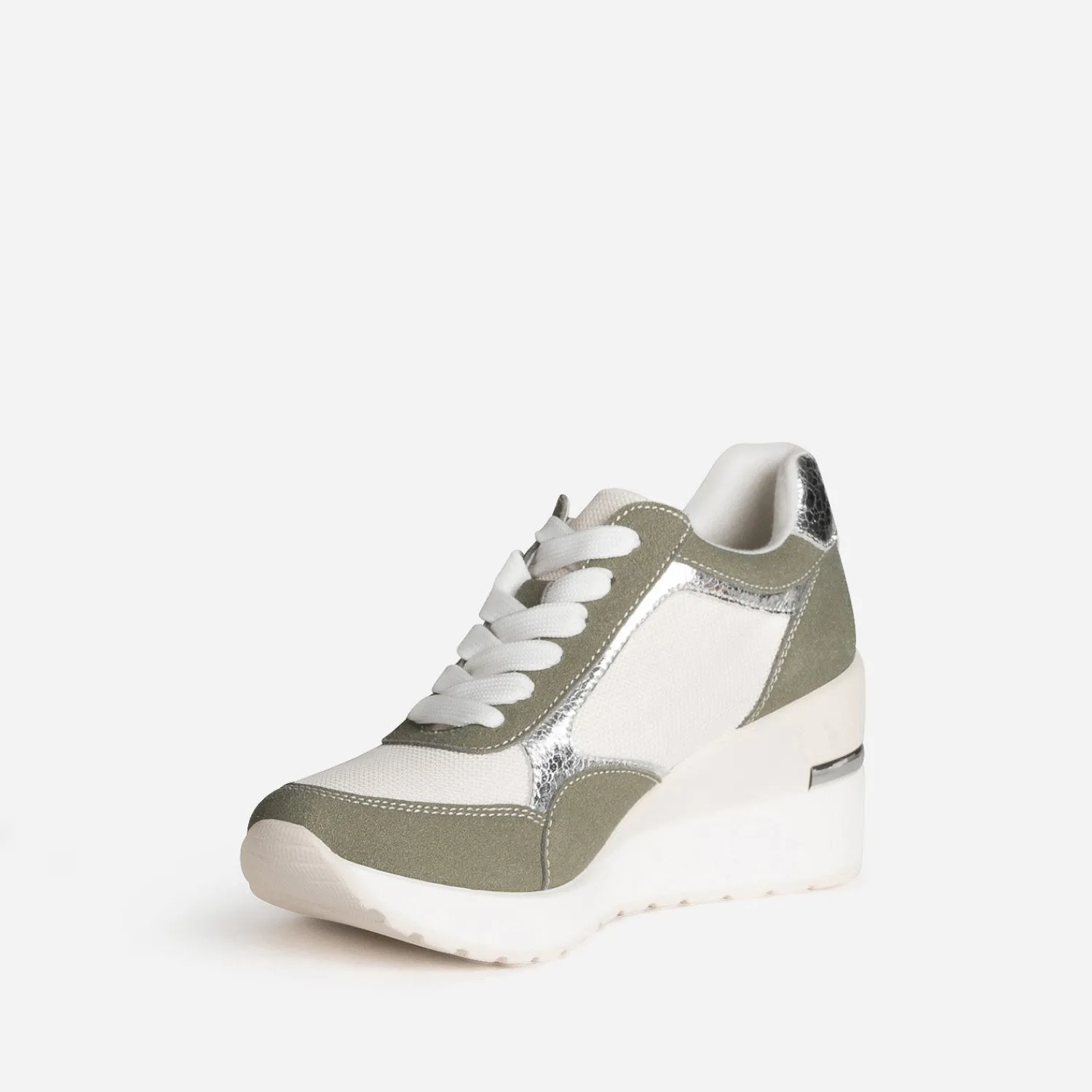 Eram Baskets^Tennis compensée kaki, blanc, argent métallisé BEIGE