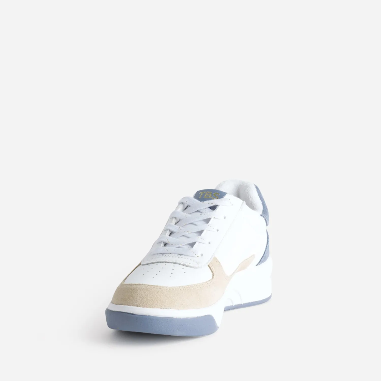 Tbs Baskets^Tennis blanche, beige et ciel cuir BLEU