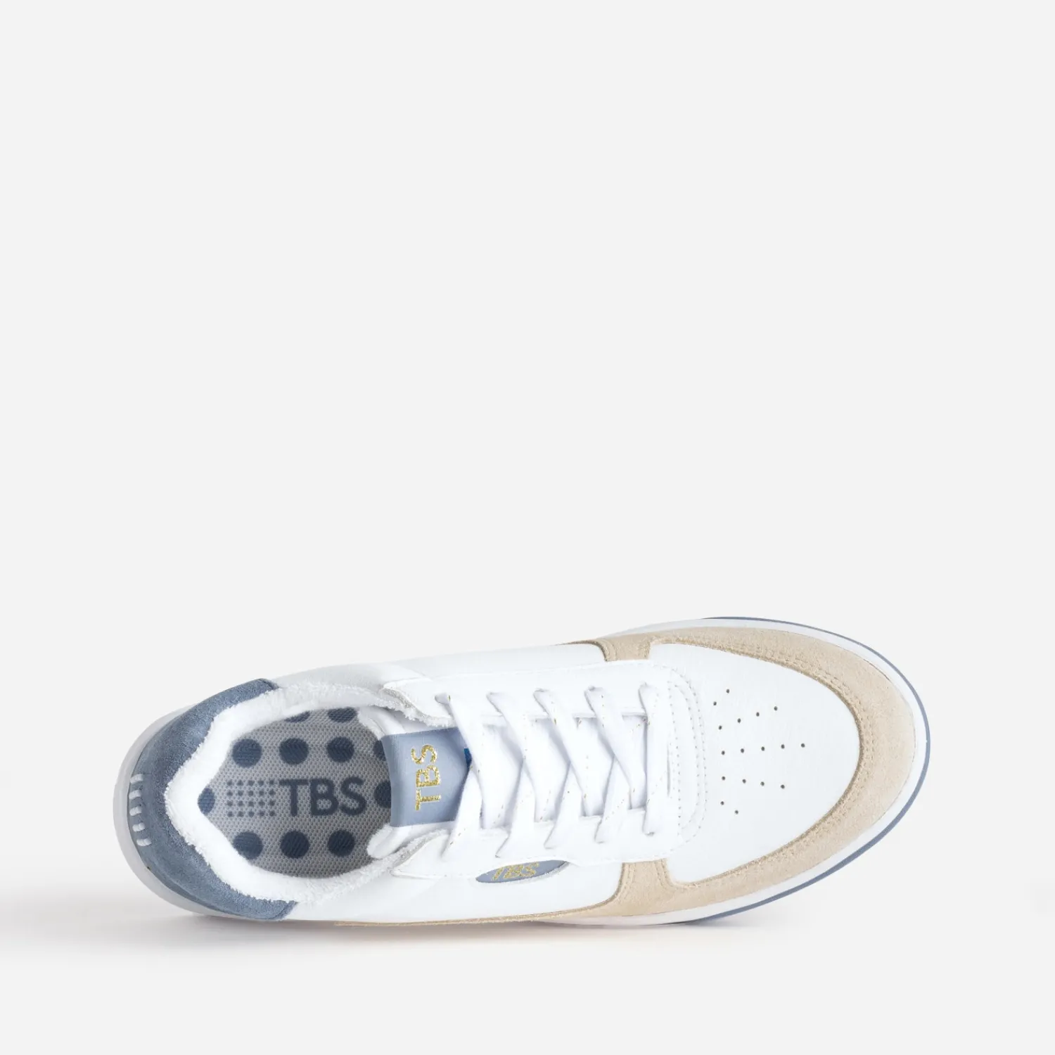 Tbs Baskets^Tennis blanche, beige et ciel cuir BLEU
