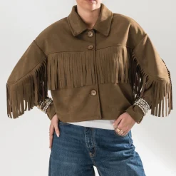 Texto Vestes & Gilets^Veste marron effet suédé à franges CAMEL